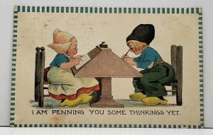 Wall Dutch Children I am Penning you 1913 Garrison to Douglas ND Postcard G10