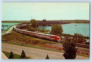 c1950 Leaving Santa Fe Bridge Mississippi River Train Fort Madison Iowa Postcard