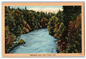 c1940 Greetings From New Castle Indiana Trees River Scenic View Vintage Postcard