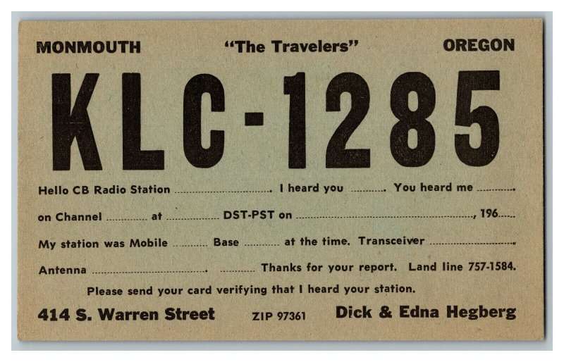 QSL Radio Card From Monmouth Oregon KLC - 1285 