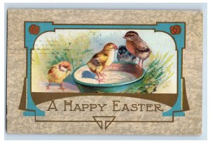 C.1910 Happy Easter Baby Chicks Milk Dish Art Deco Vintage Postcard F122E