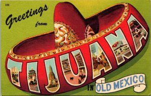 Large Letter Sombrero Greetings from Tijuana Old Mexico Postcard