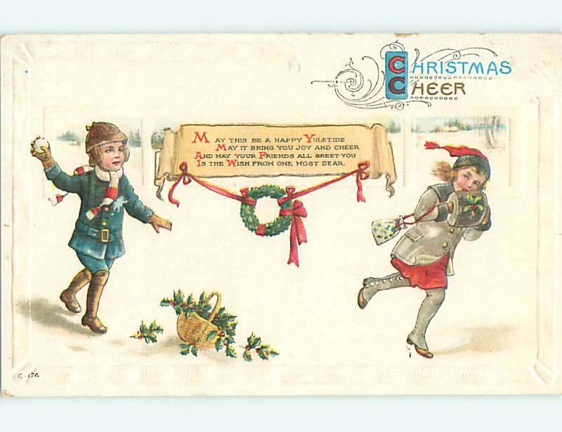 Divided-Back christmas GIRL RUNS FROM BOY THROWING SNOWBALL r4538