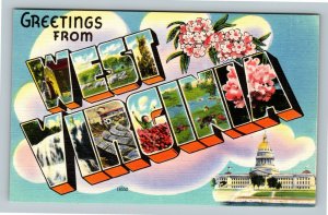 WV-West Virginia LARGE LETTER Greetings, State Capitol Building, Linen Postcard