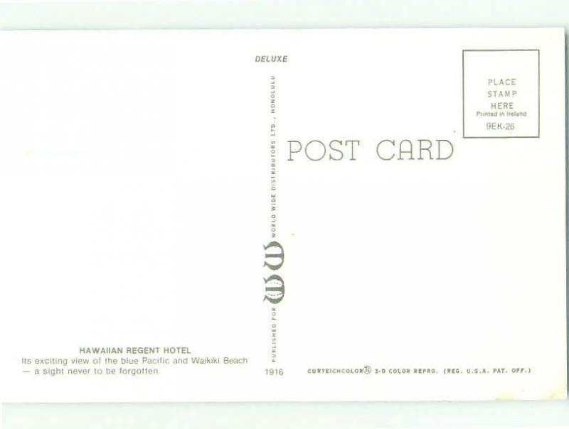 Unused Pre-1980 REGENT HOTEL Honolulu Hawaii HI hr3807