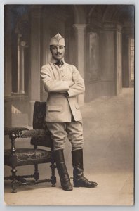 French Military Soldier in Uniform Cool Mustache RPPC Portrait Postcard M32