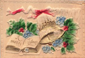 Heavily Embossed Air Brushed Christmas Postcard Golden Bell Holly Book Ohio