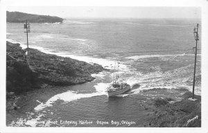 RPPC Pleasure Boat Entering Harbor, Depoe Bay, Oregon Sawyers Postcard ca 1950s