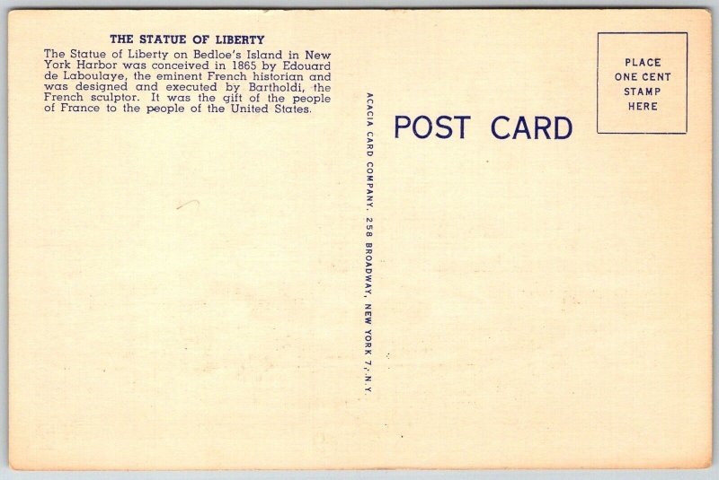 New York City NY 1940s Postcard Statue Of Liberty on Bledsoe's Island