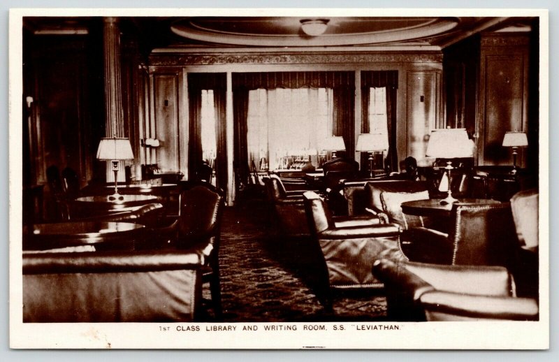 SS Leviathan~Ocean Liner Interior~1st Class Library & Writing Room~c1928 RPPC 