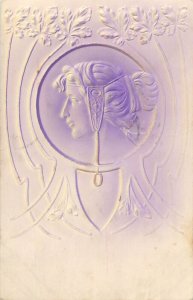 Art nouveau glamour embossed woman head decoration portrait postcard 