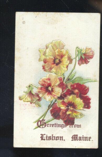 GREETINGS FROM LISBON MAINE GLOWERS FLORAL VINTAGE POSTCARD LISBON FALLS ME.