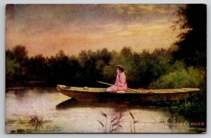 Woman In Boat Down On Suwanee River Artist Signed Kenyon Postcard S29