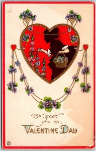 To Greet You On Valentine Day, Red Heart, Silhouette, Floral Garland, Postcard