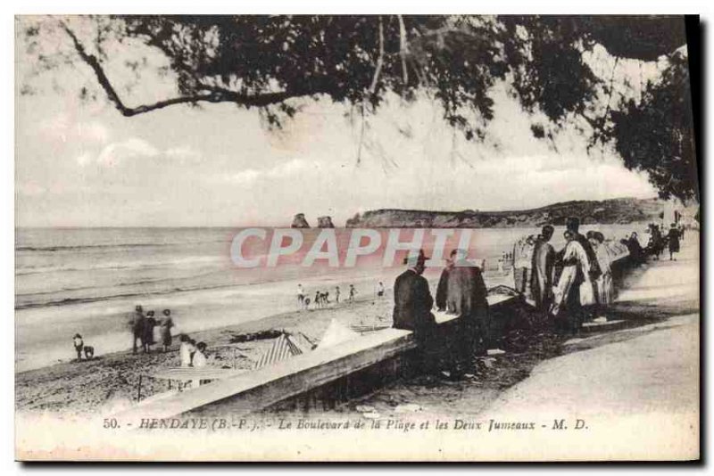 Old Postcard Hendaye Boulevard from the beach and the two twin