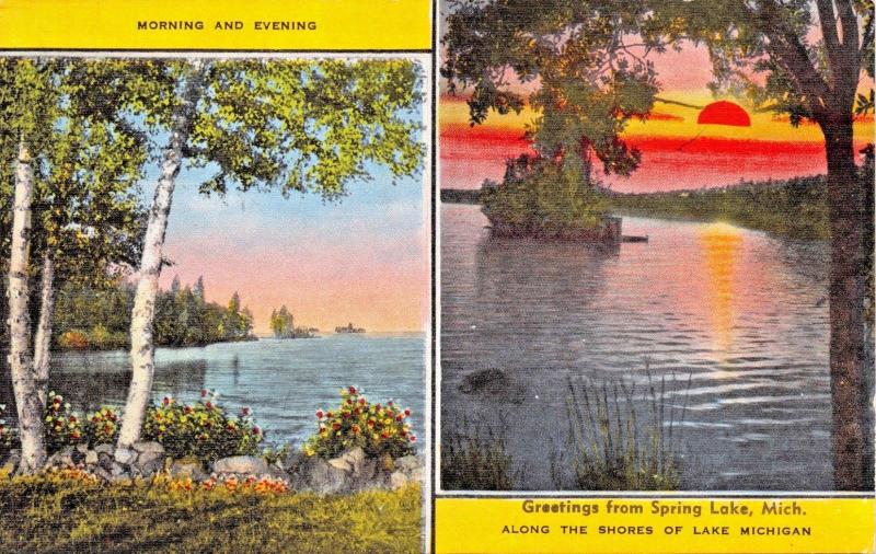 SPRING LAKE MICHIGAN~MORNING  EVENING ALONG LAKE SHORES GREETINGS POSTCARD 1940s