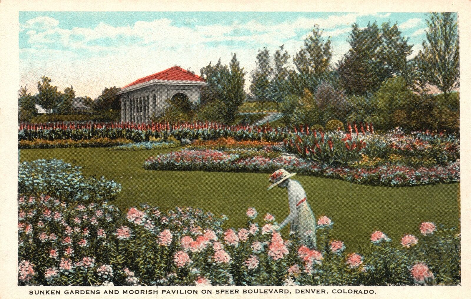 Vintage Postcard 1920's Sunken Gardens Moorish Pavilion Speer Blvd. Denver CO United States