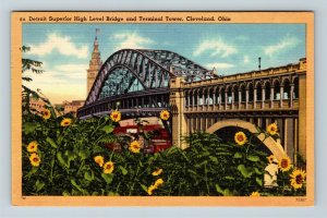 Cleveland OH Detroit Superior High Level Bridge Tower Linen Ohio c1952 Postcard