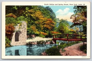 Joliet Illinois~Rustic Bridge & Spring House~West Park~Vintage Linen Postcard