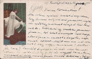 Gruss aus Budapest, Postmark 1899, Beauiful Sexy Woman Preparing for Bed #9