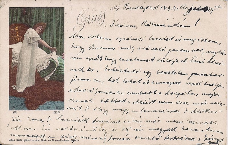 Gruss aus Budapest, Postmark 1899, Beauiful Sexy Woman Preparing for Bed #9