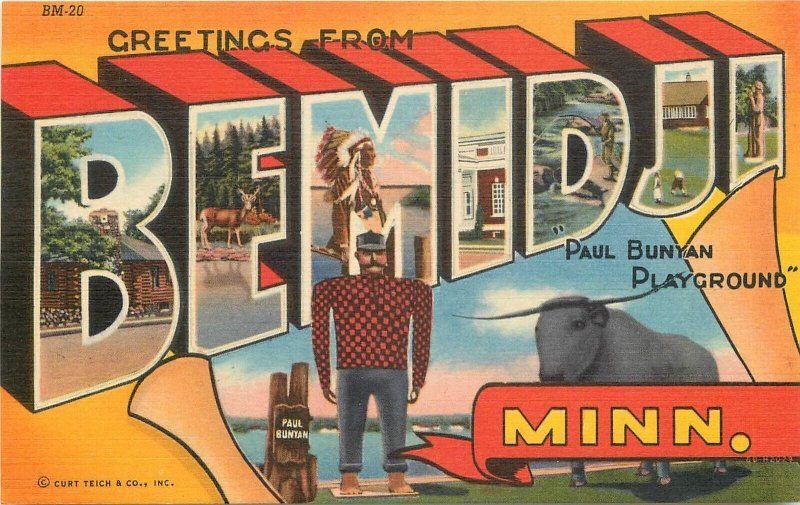 Postcard Minnesota Bemidji Large letters multi View Northern Teich linen 23-500