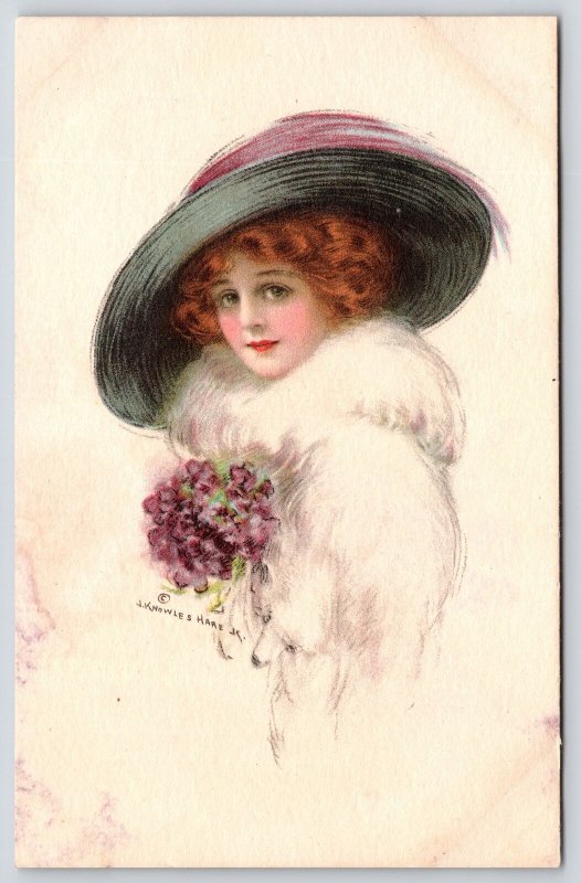 J Knowles Hare Jr~Lovely Lady in White Fur~Violets~Green Purple Hat~Handcolored 