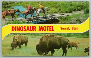 Vernal Utah~Dinosaur Nat Park~Horseback Riding~Buffalo~Vintage Postcard