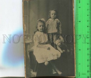 481197 Russia two girls and white teddy bear Vintage cabinet photo