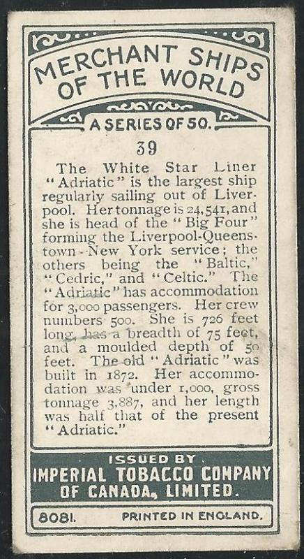 Canada 1924 Imperial Tobacco ADRIATIC Ships ot the World Cigarettes Card