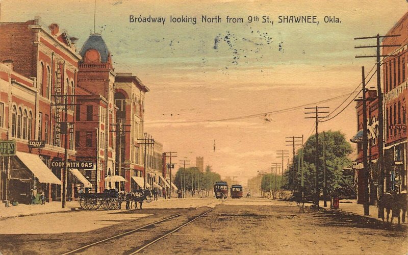 Shawnee OK Broadway Storefronts Horse & Wagon Trolley's 1909 Postcard