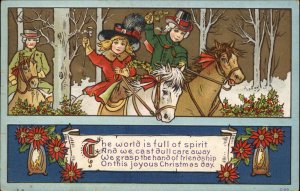 Christmas Children Horseback Scroll Poem Embossed c1900-20s Vintage Postcard