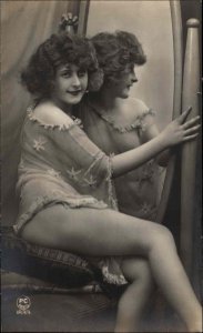 Risque Semi Nude Woman Mirror PC Paris #1833 c1915 Real Photo Postcard