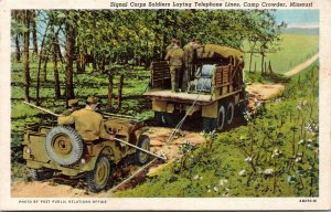 Postcard MO Camp Crowder Signal Corps Soldiers Laying Telephone Lines 1940s S82