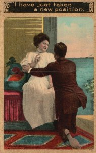 Vintage Postcard Lovers Couple Man Bending Knees I Have Just Taken New Position