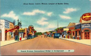 Vtg Mexico Juarez Avenue Street View Scene International Bridge Linen Postcard