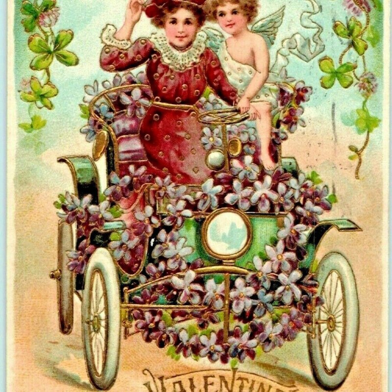 NICE Embossed 1908 Valentine Greeting Lilac Auto Carriage Car Girl w/ Cupid A5