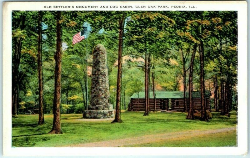 Postcard - Old Settler's Monument and Log Cabin, Glen Oak Park, Peoria, Illinois 