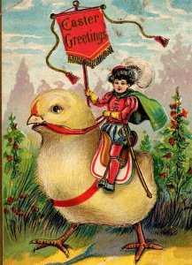 Fantasy Easter Greetings Girl Dressed As Knight Rides Giant Chick Postcard