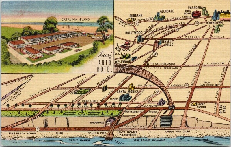 Santa Monica CA Surf Auto Hotel Map Unused Vintage Linen Postcard F90