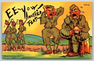Military Comic~Army Recruit Yells~Another Flat~Holds Foot~Vintage Linen Postcard
