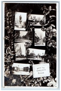 Grantham England Postcard Christmas Season Leaves Multiview c1930's RPPC Photo