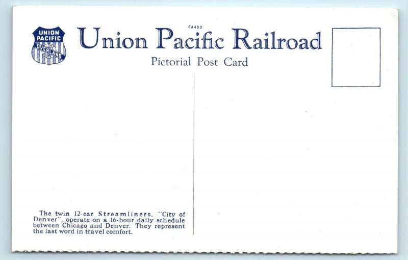 Union Pacific RAILROAD STREAMLINER City of DENVER  c1930s  Postcard