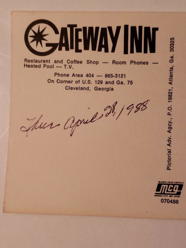 Vintage Postcard Gateway Inn Cleveland Georgia US 129 GA 75 1988
