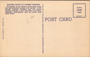 Vtg 1940s Electric Boats at Cypress Gardens Florida Fl Linen Postcard