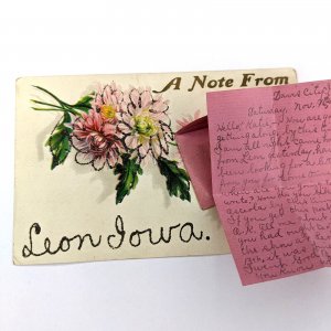 1907 Note From Leon, IA Novelty Postcard Mini Letter Envelope Mica Glitter A147