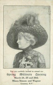 Big Hat well Dressed Woman Geneseo New York Millinery Shop Spring Postcard 10319