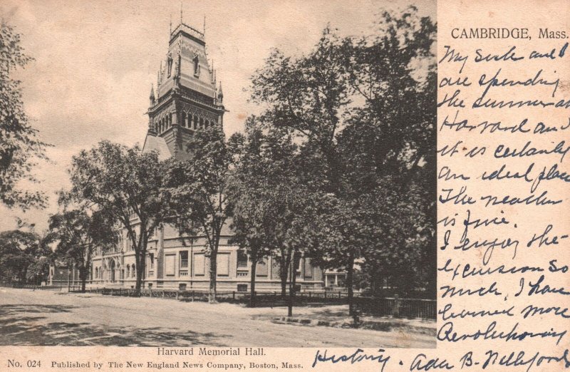 Vintage Postcard 1914 Harvard Memorial Hall Historic Building Cambridge Mass.
