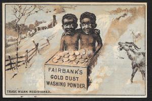 VICTORIAN TRADE CARD Fairbanks Washing Powder Gold Dust Black Twins & Coins