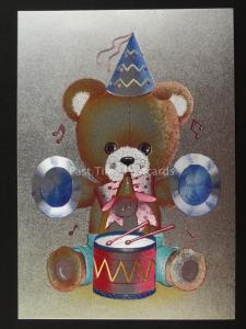 TEDDY BEAR PLAYING DRUM & SYMBOLS F J Warren DUFEX FOIL Postcard c1980's